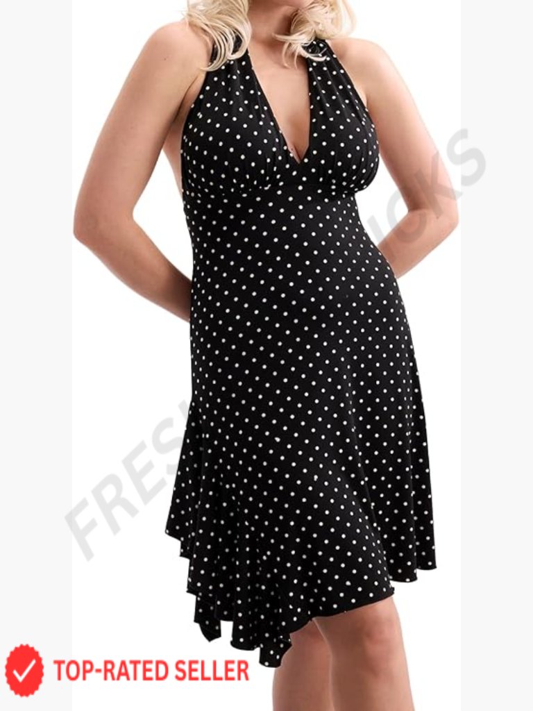 Halter Neck Midi Dress Fit Flare Polka Dot Vintage Summer Party Pull On